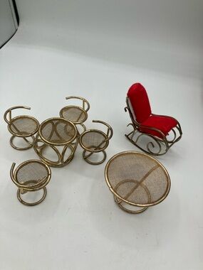 Gold Miniature Mesh Patio Set with Red Rocking Chair